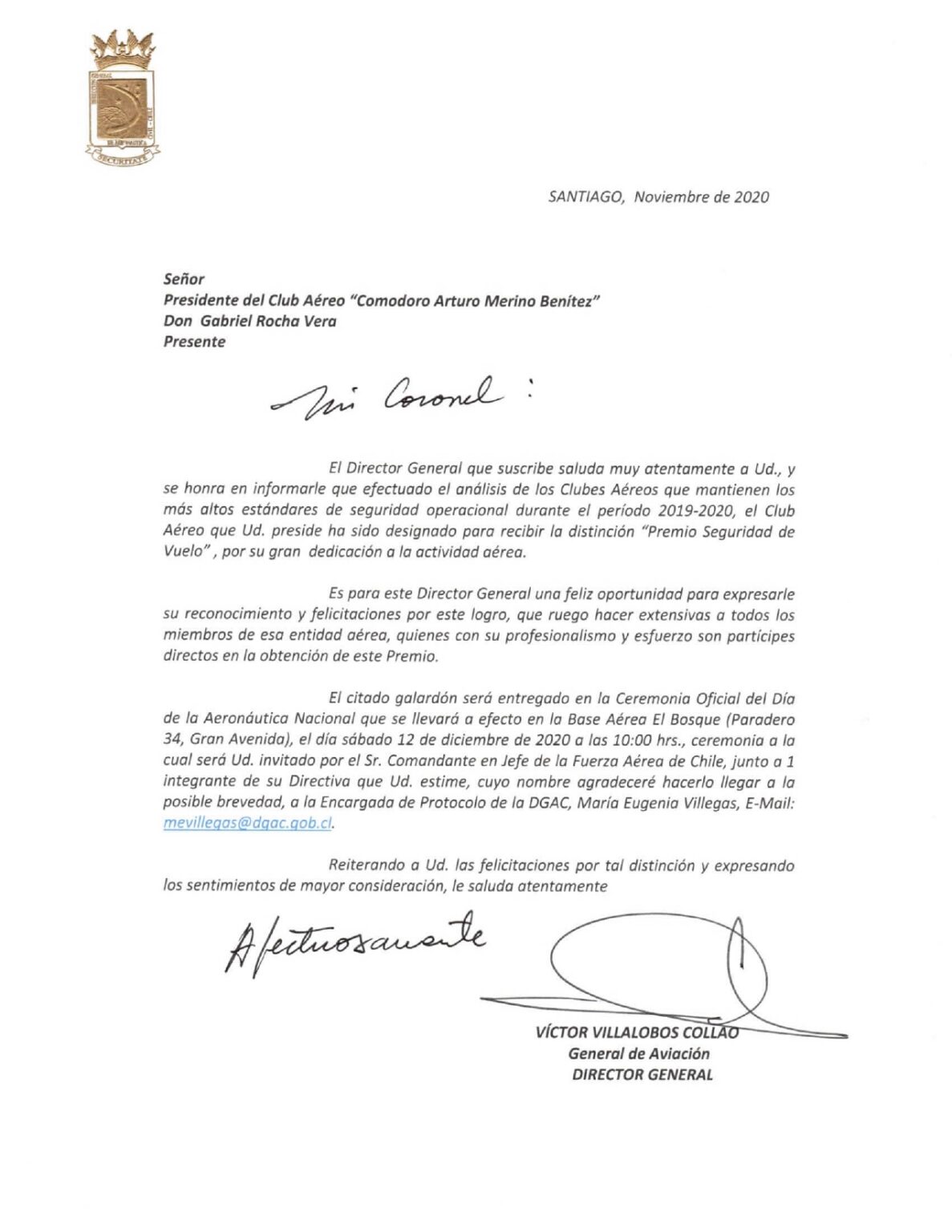 CARTA PREMIO SEGVUELO